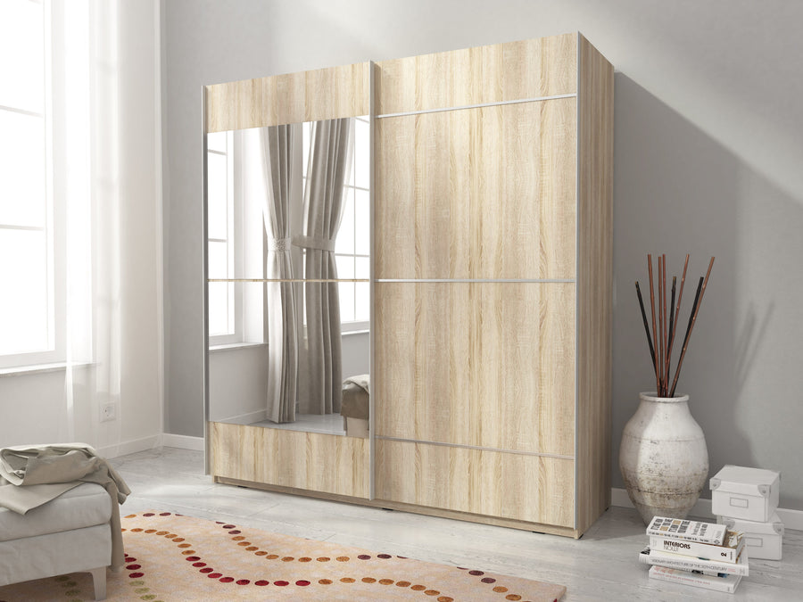 Kleiderschrank – MIKA I – Moderner Schwebetürenschrank mit Holzoptik