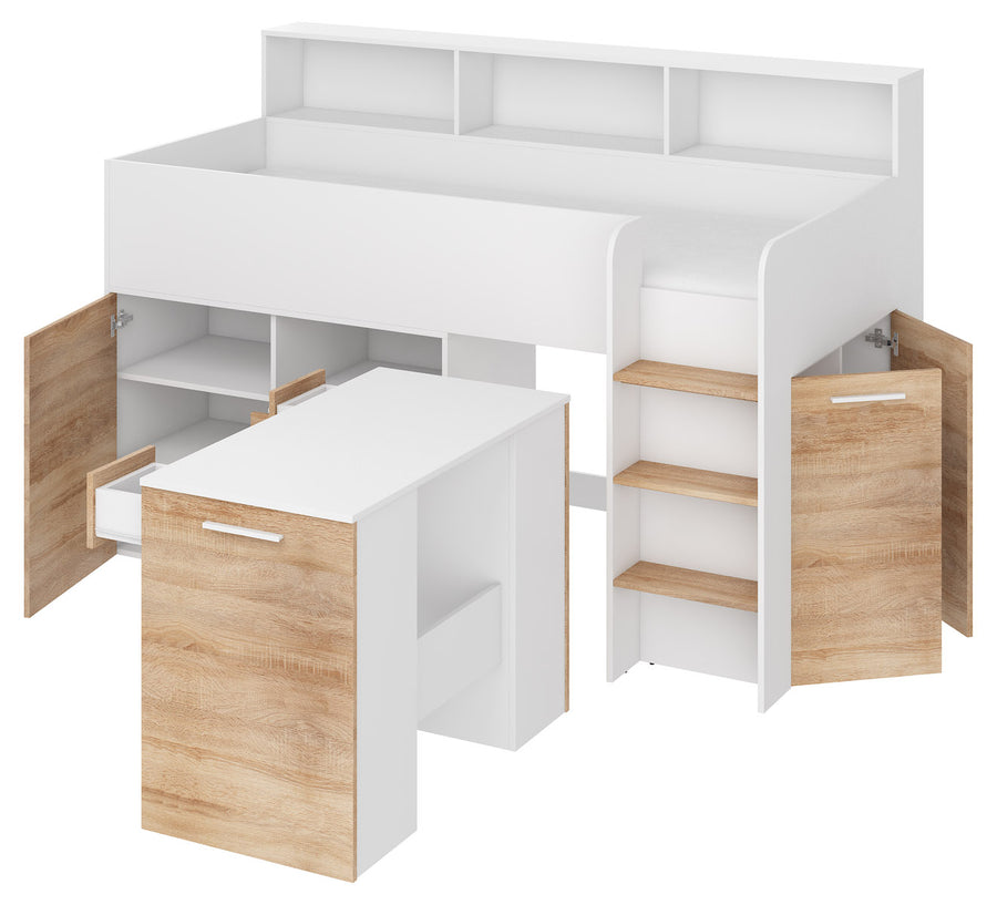 Hochbett – NEO P – Kompaktes Jugendbett 80×200 cm mit Schreibtisch und Stauraum