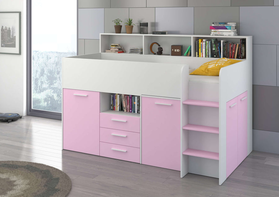 Hochbett – NEO P – Kompaktes Jugendbett 80×200 cm mit Schreibtisch und Stauraum