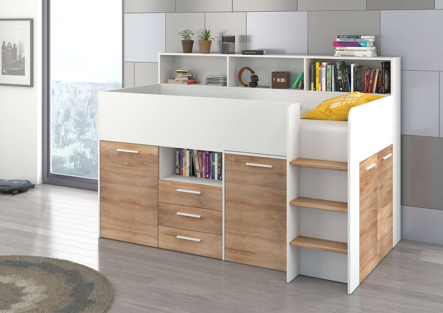 Hochbett – NEO P – Kompaktes Jugendbett 80×200 cm mit Schreibtisch und Stauraum
