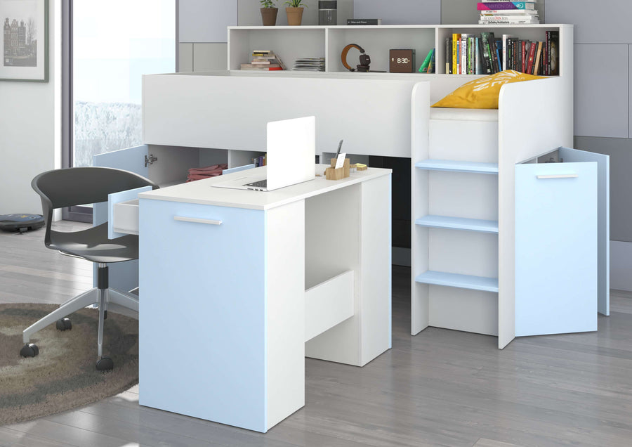 Hochbett – NEO P – Kompaktes Jugendbett 80×200 cm mit Schreibtisch und Stauraum