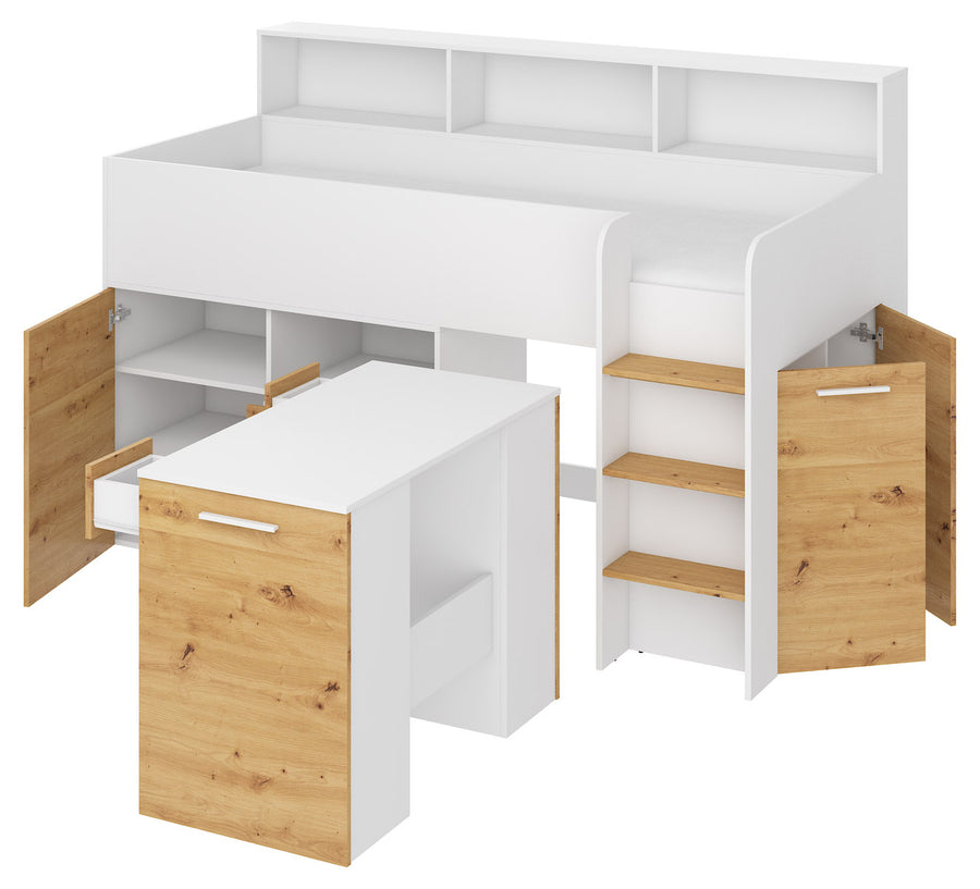 Hochbett – NEO P – Kompaktes Jugendbett 80×200 cm mit Schreibtisch und Stauraum