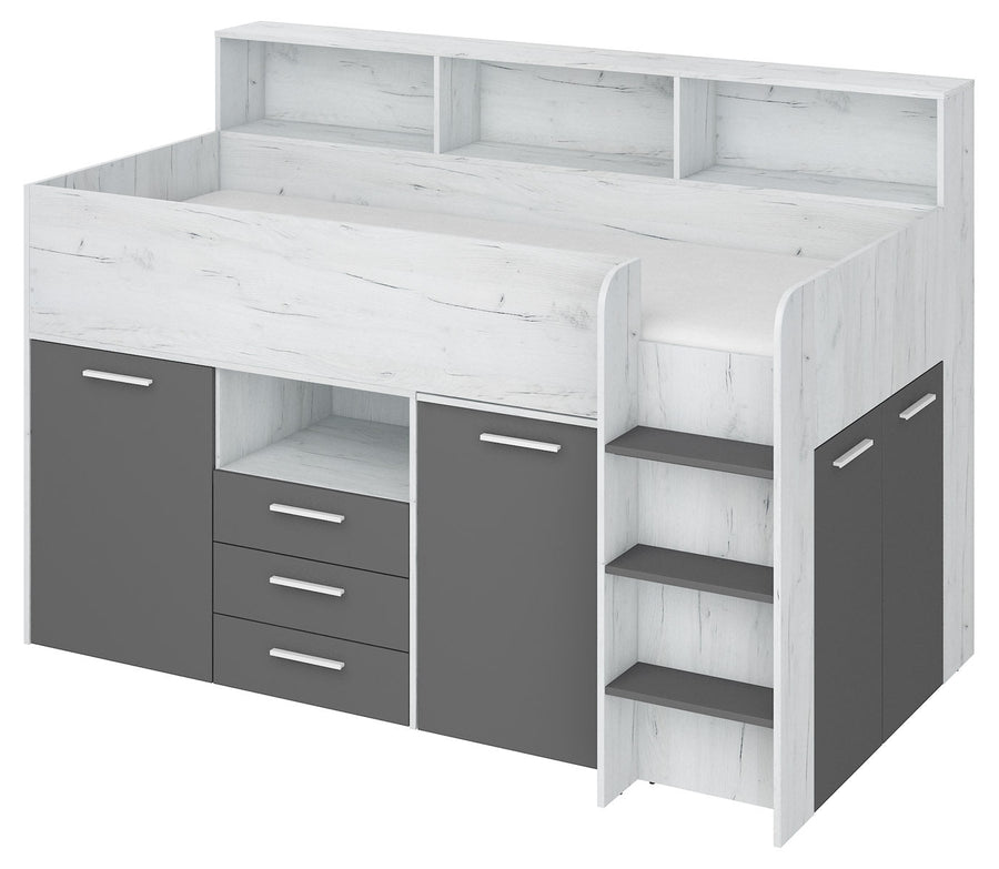 Hochbett – NEO P – Kompaktes Jugendbett 80×200 cm mit Schreibtisch und Stauraum