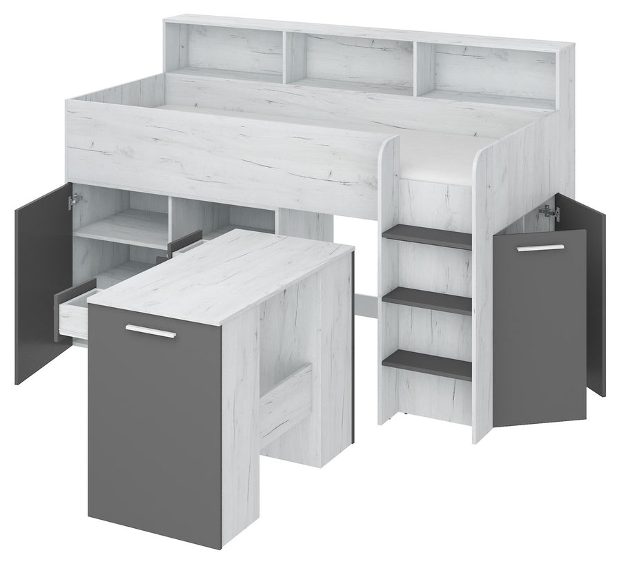 Hochbett – NEO P – Kompaktes Jugendbett 80×200 cm mit Schreibtisch und Stauraum