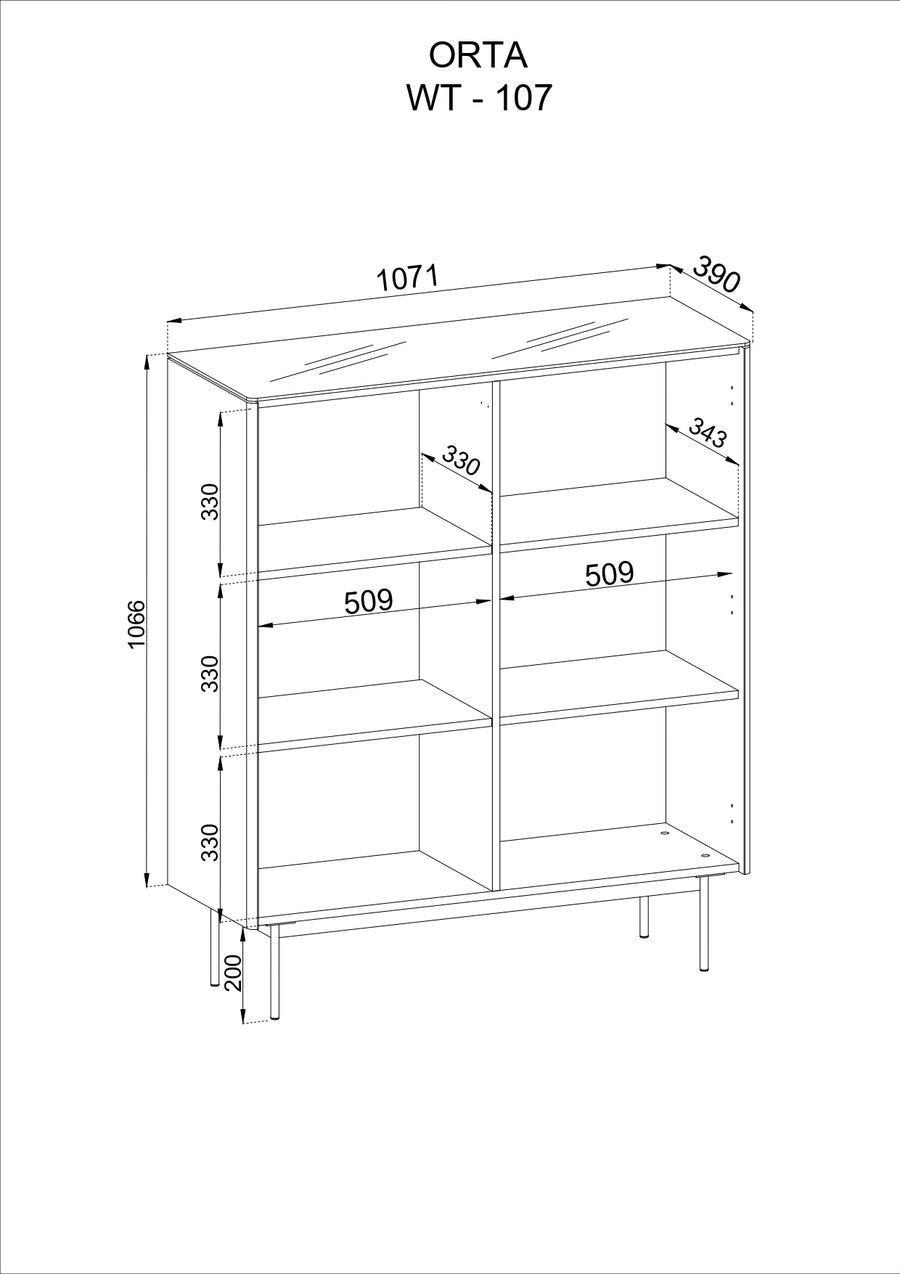 Vitrine – ORTA – WT107, grifflose Front mit LED-Beleuchtung