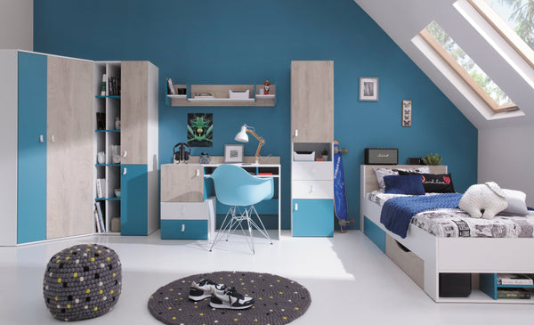 Schlafzimmer Set – 6 Teile – PLANET System – Sonoma Eiche / Weiß – Funktionale Möbel für Jugend- und Schlafzimmer Ohne Matratze