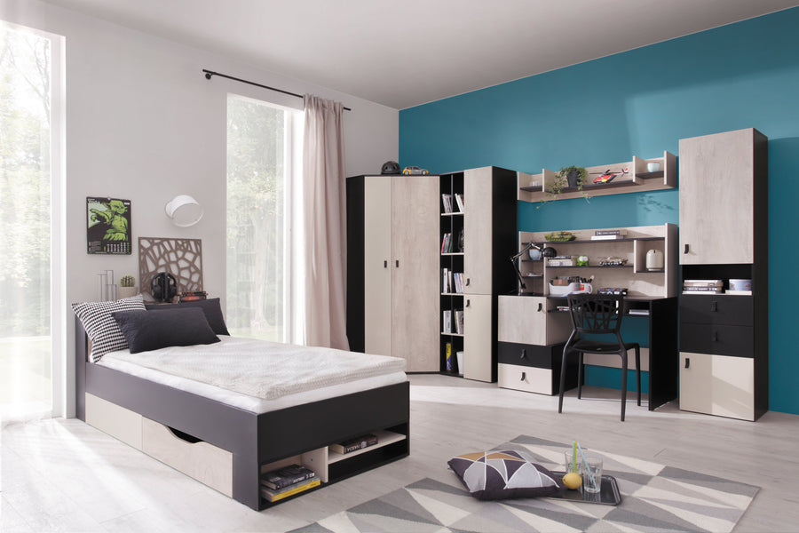Schlafzimmer Set – 7 Teile – PLANET System – Sonoma / Schwarz – Funktionale Möbel ohne Matratze