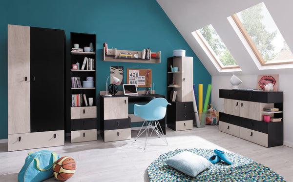 Schlafzimmer Set – 6 Teile – PLANET System – Sonoma / Schwarz – Praktische Möbel fürs Schlafzimmer