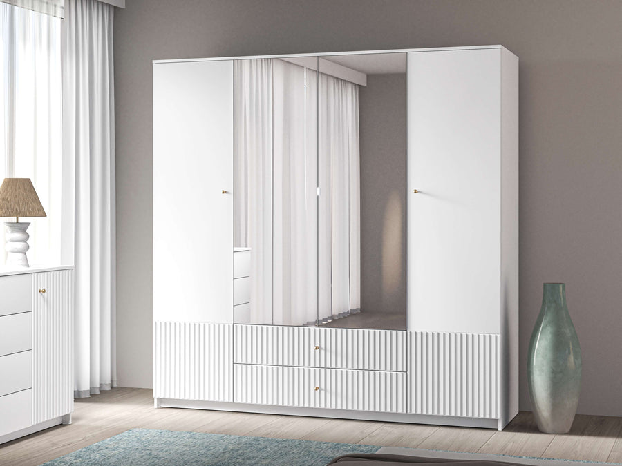 Kleiderschrank – LUCY 01 – Moderner Drehtürenschrank mit Spiegel und Strukturfront