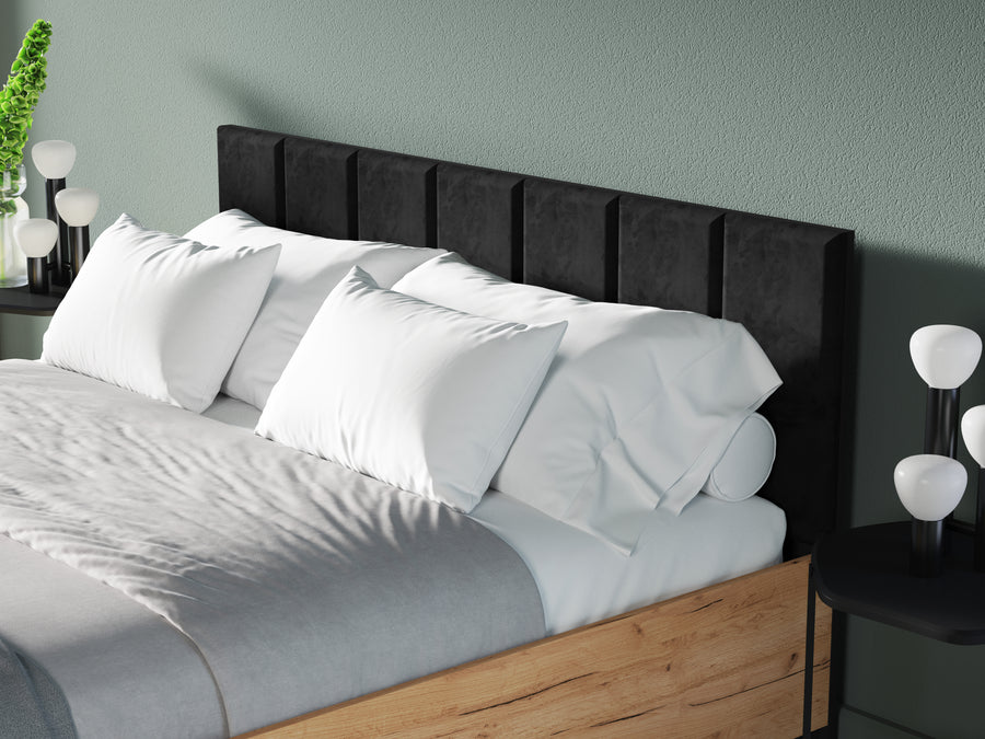 Bett – URSO – Modernes Polsterbett mit Holzoptik und Samtkopfteil