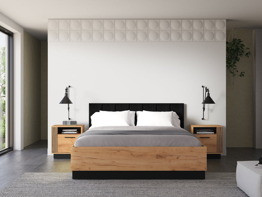 Bett – URSO – Modernes Polsterbett mit Holzoptik und Samtkopfteil