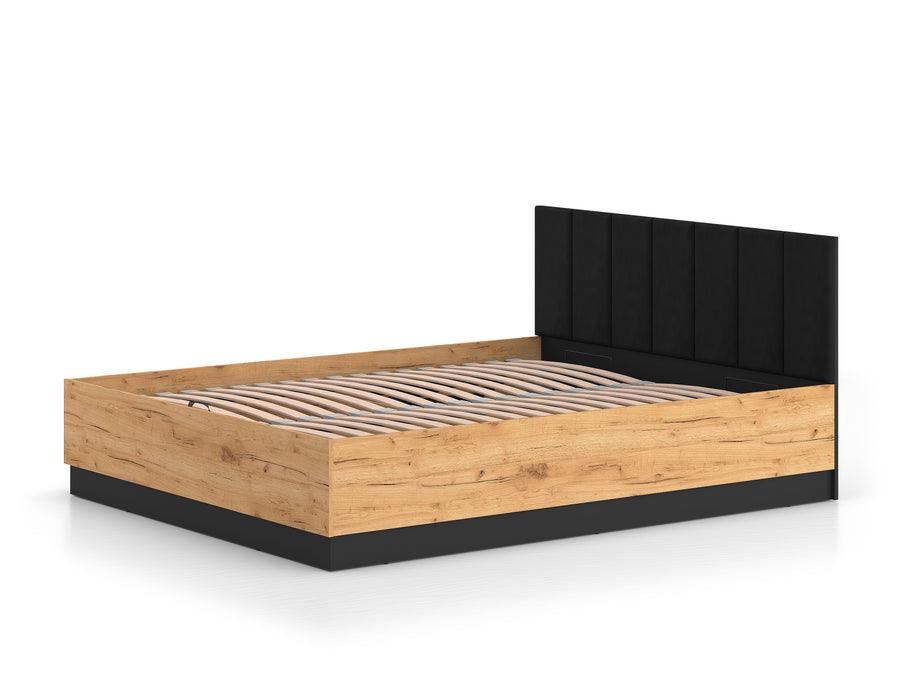 Bett – URSO – Modernes Polsterbett mit Holzoptik und Samtkopfteil