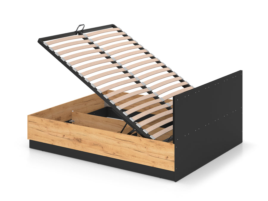 Bett – URSO – Modernes Polsterbett mit Holzoptik und Samtkopfteil