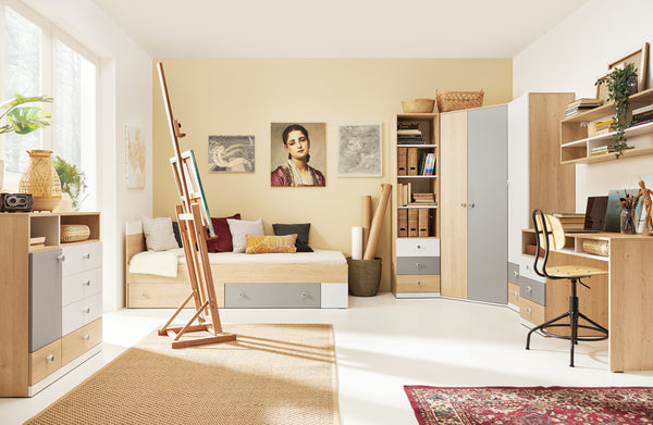 Schlafzimmer Set – PIXEL System – 7 Teile – Sonoma Eiche / Grau – Modernes Jugendzimmer mit Eckschrank Ohne Matratze