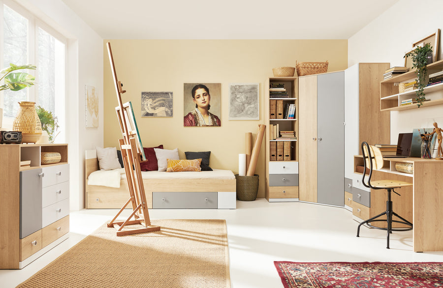 Schlafzimmer Set – PIXEL System – 7 Teile – Sonoma Eiche / Grau – Modernes Jugendzimmer mit Eckschrank Ohne Matratze