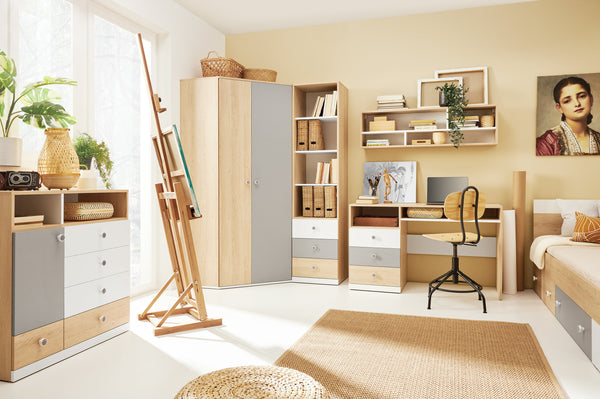 Schlafzimmer Set – PIXEL System – 6 Teile – Sonoma Eiche / Grau – Jugendzimmer mit Ecklösung Ohne Matratze