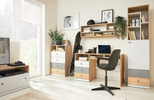 Schlafzimmer Set – PIXEL System – 5 Teile – Sonoma Eiche / Grau – Funktionales Jugendzimmer