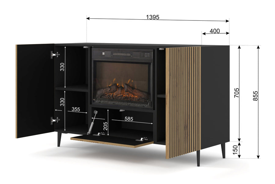 Kommode – RAVENNA B – 140 cm Sideboard mit integriertem Elektrokamin und Stauraum