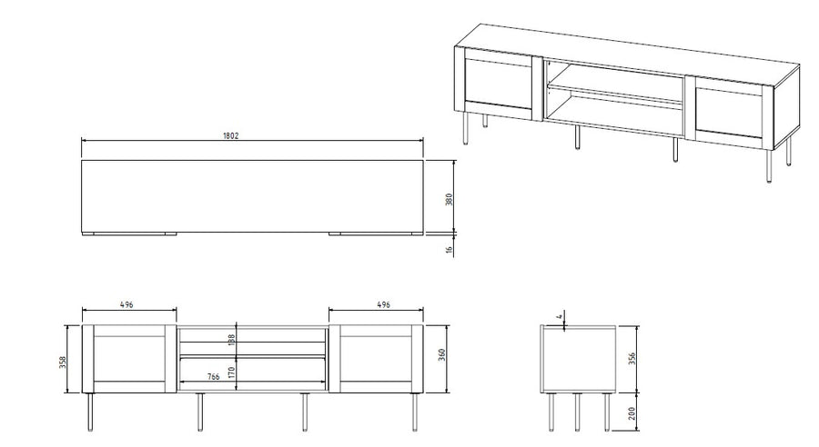 TV-Lowboard – YUCCA – 180 cm, modernes TV-Möbel mit Stauraum