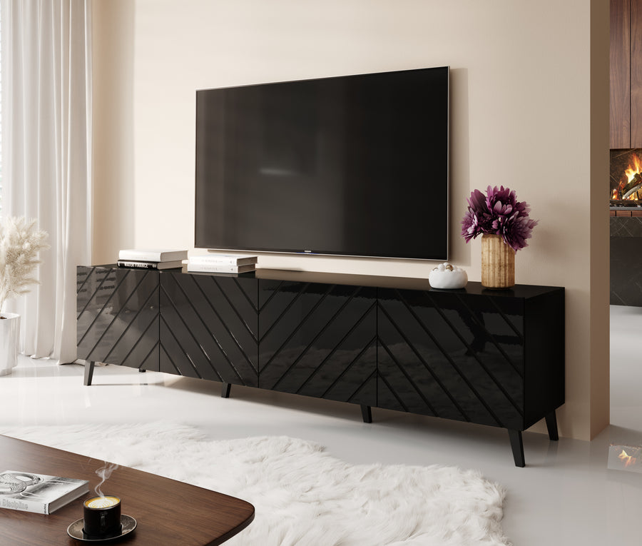 TV-Lowboard – ABETO – Weiße Hochglanz-Fräskanten 200 cm