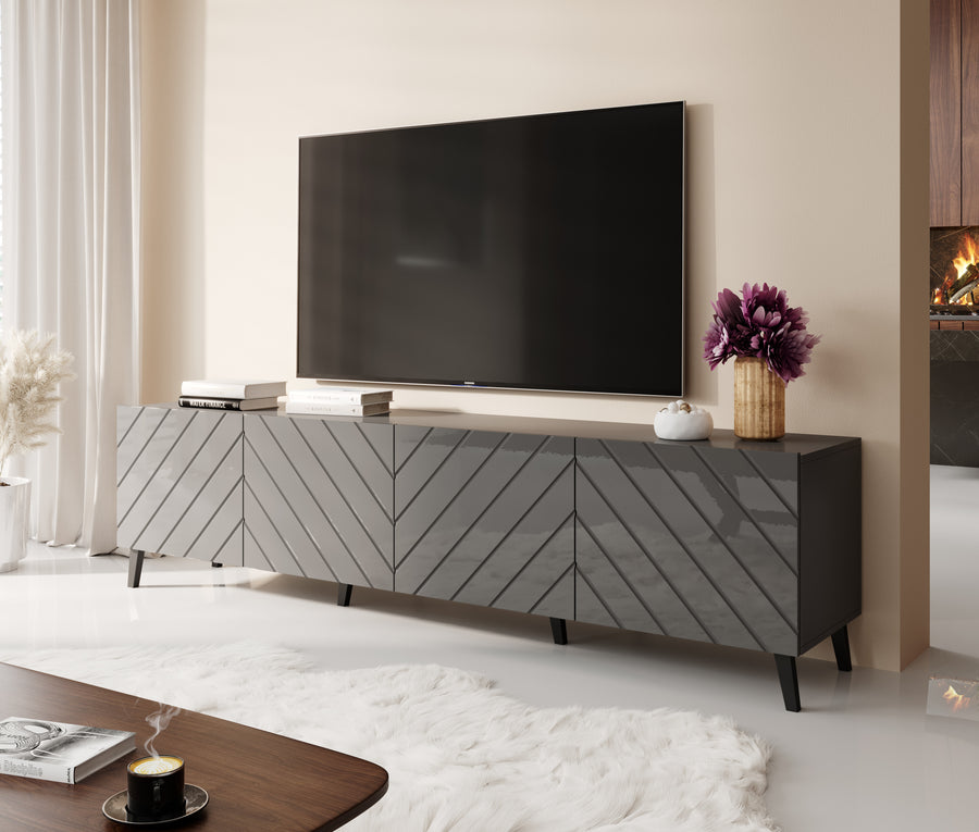 TV-Lowboard – ABETO – Weiße Hochglanz-Fräskanten 200 cm