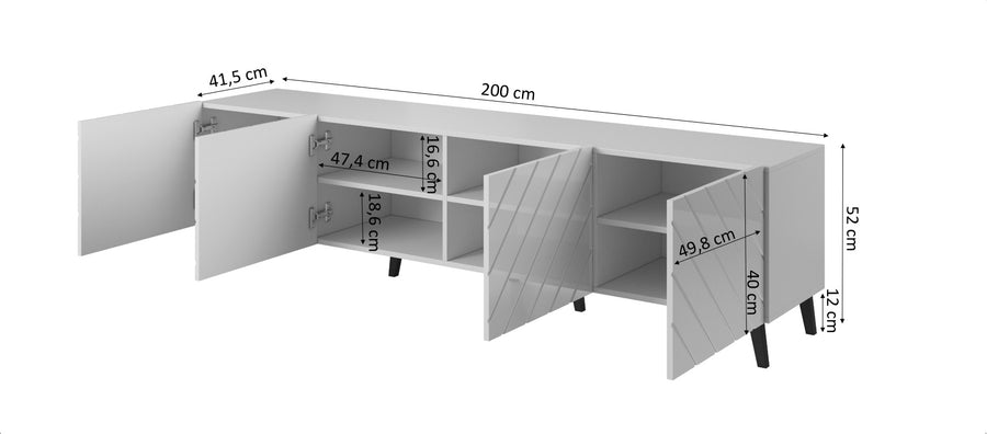 TV-Lowboard – ABETO – Weiße Hochglanz-Fräskanten 200 cm