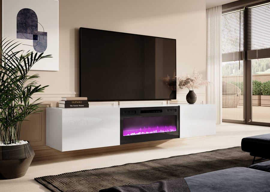 TV-Lowboard – SLIDE K – Hängendes Board mit Kamin und Hochglanzfront 200 cm