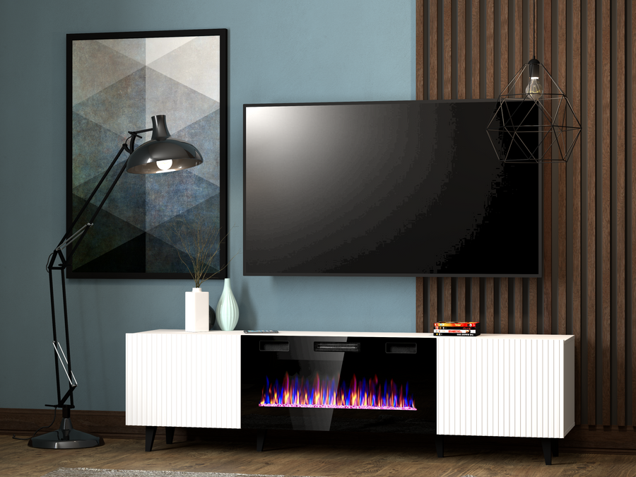 TV-Lowboard – PAFOS I – Lowboard mit Elektrokamin und gefrästen Fronten 181 cm