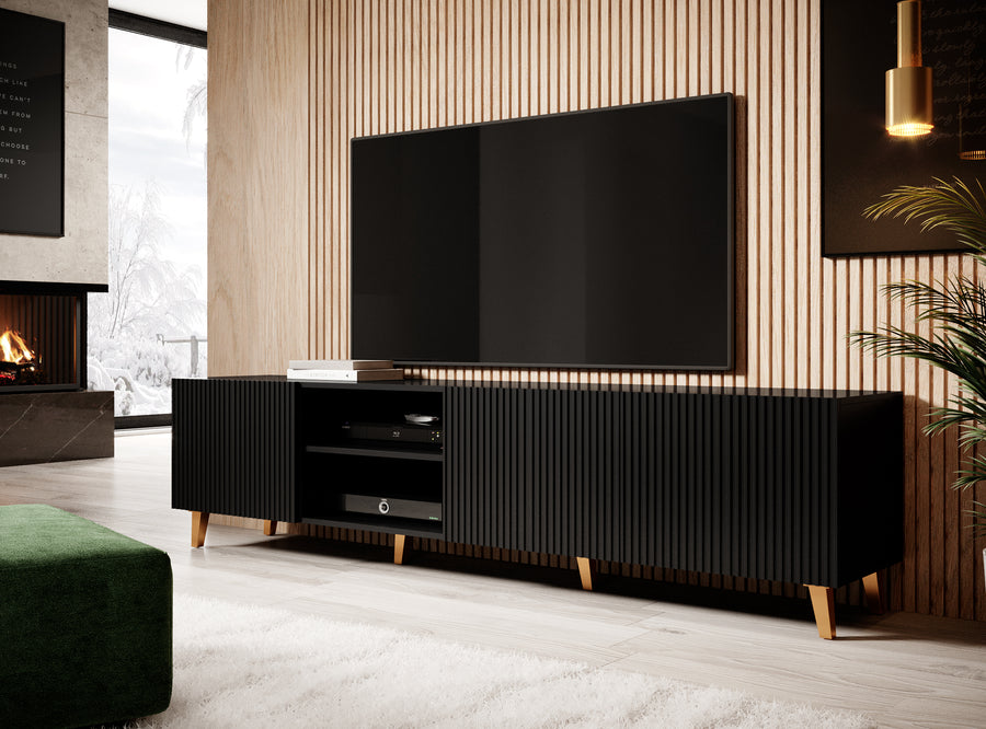 TV-Lowboard – PAFOS I – Schwarz, moderner Fernsehschrank mit gefrästen Fronten