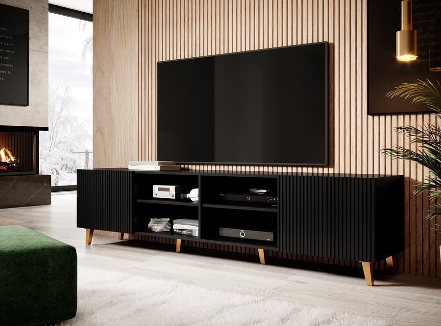 TV-Lowboard – PAFOS I – Schwarz, moderner Fernsehschrank mit gefrästen Fronten