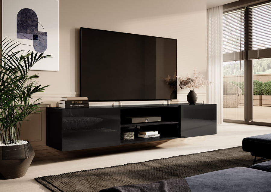 TV-Lowboard – SLIDE K – Hängendes Board mit Regal in Holzoptik 200 cm