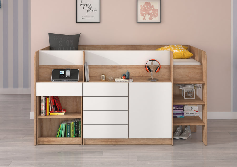Hochbett – SMILE P – Kinderbett 90×200 cm mit Schreibtisch und Stauraum