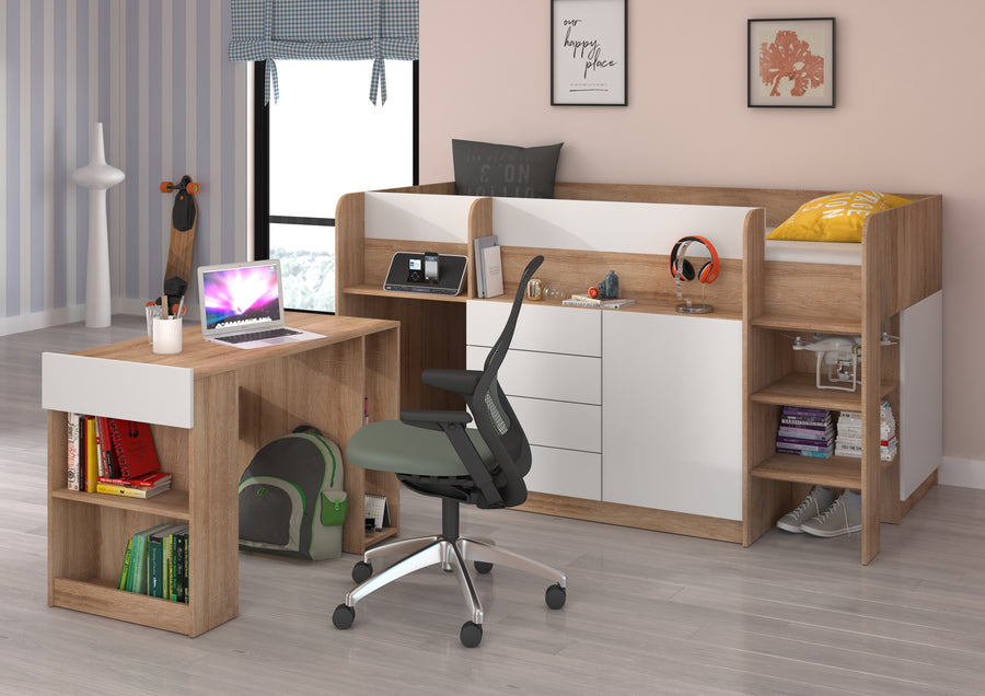 Hochbett – SMILE P – Kinderbett 90×200 cm mit Schreibtisch und Stauraum