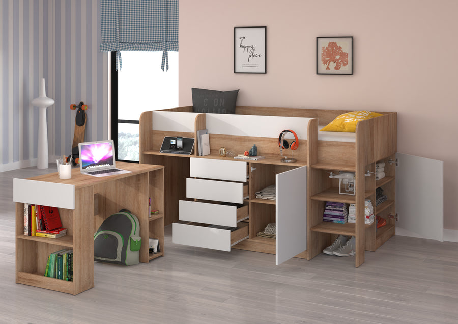 Hochbett – SMILE P – Kinderbett 90×200 cm mit Schreibtisch und Stauraum