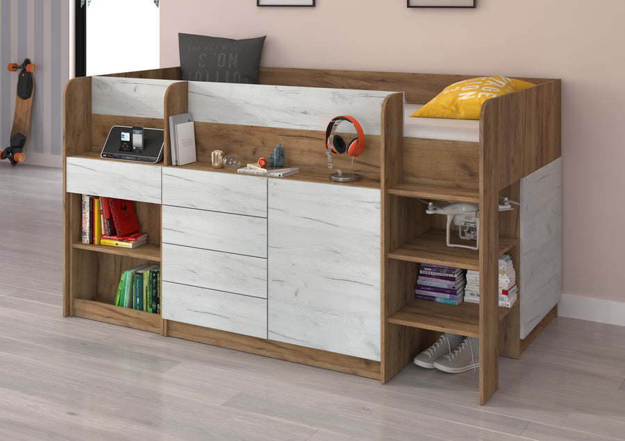 Hochbett – SMILE P – Kinderbett 90×200 cm mit Schreibtisch und Stauraum