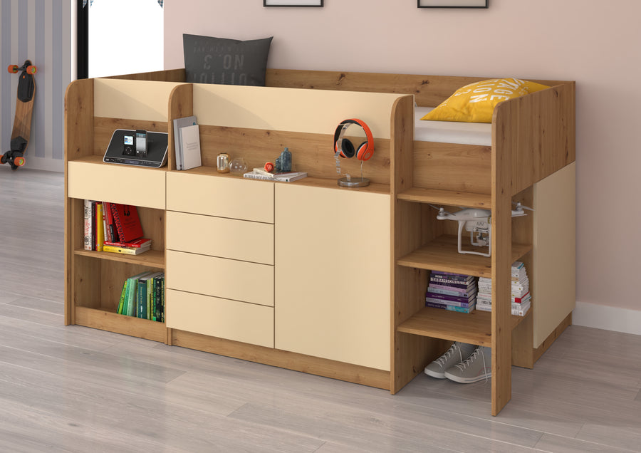 Hochbett – SMILE P – Kinderbett 90×200 cm mit Schreibtisch und Stauraum