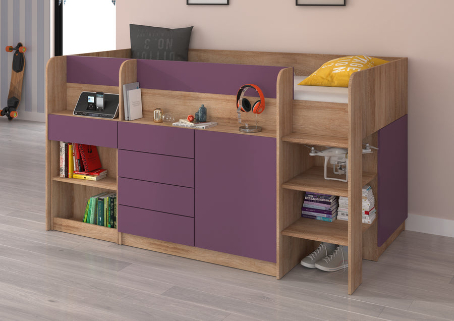 Hochbett – SMILE P – Kinderbett 90×200 cm mit Schreibtisch und Stauraum