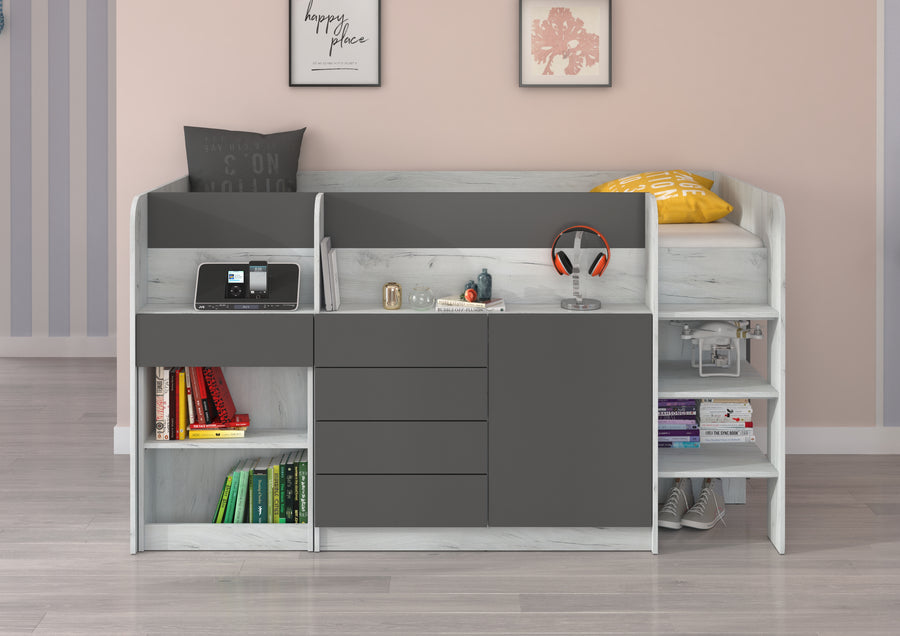 Hochbett – SMILE P – Kinderbett 90×200 cm mit Schreibtisch und Stauraum