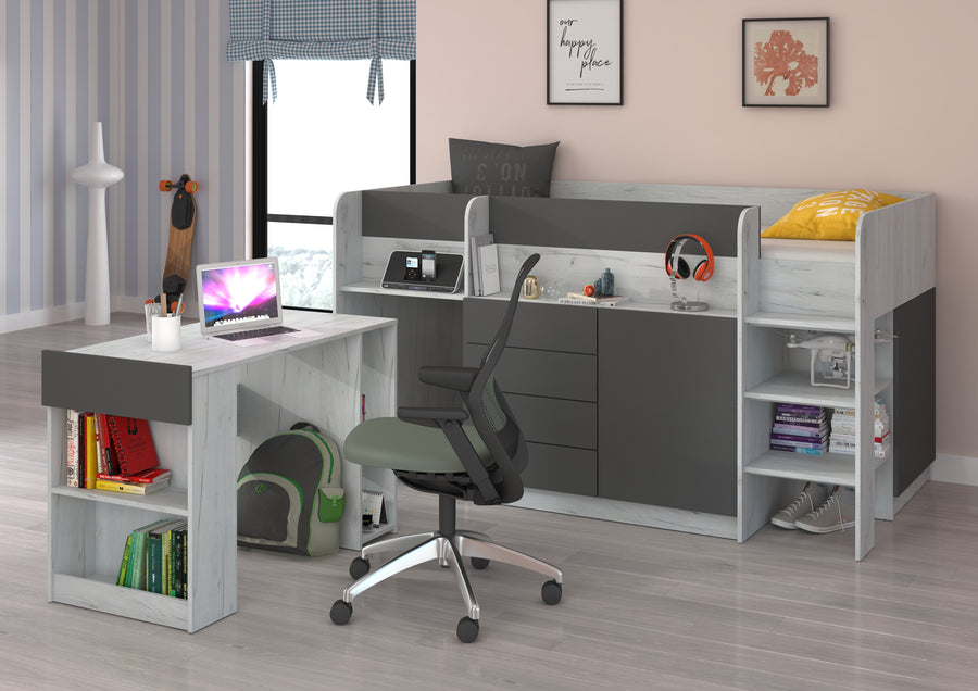 Hochbett – SMILE P – Kinderbett 90×200 cm mit Schreibtisch und Stauraum