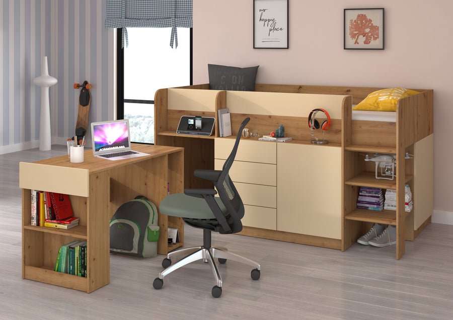 Hochbett – SMILE P – Kinderbett 90×200 cm mit Schreibtisch und Stauraum