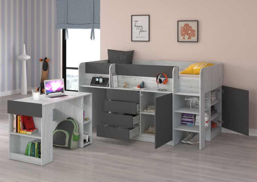 Hochbett – SMILE P – Kinderbett 90×200 cm mit Schreibtisch und Stauraum