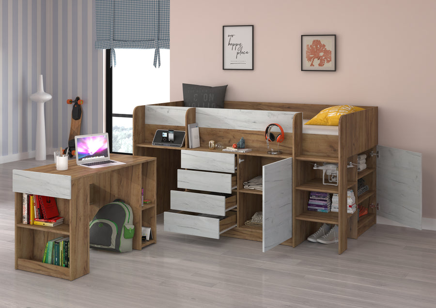 Hochbett – SMILE P – Kinderbett 90×200 cm mit Schreibtisch und Stauraum