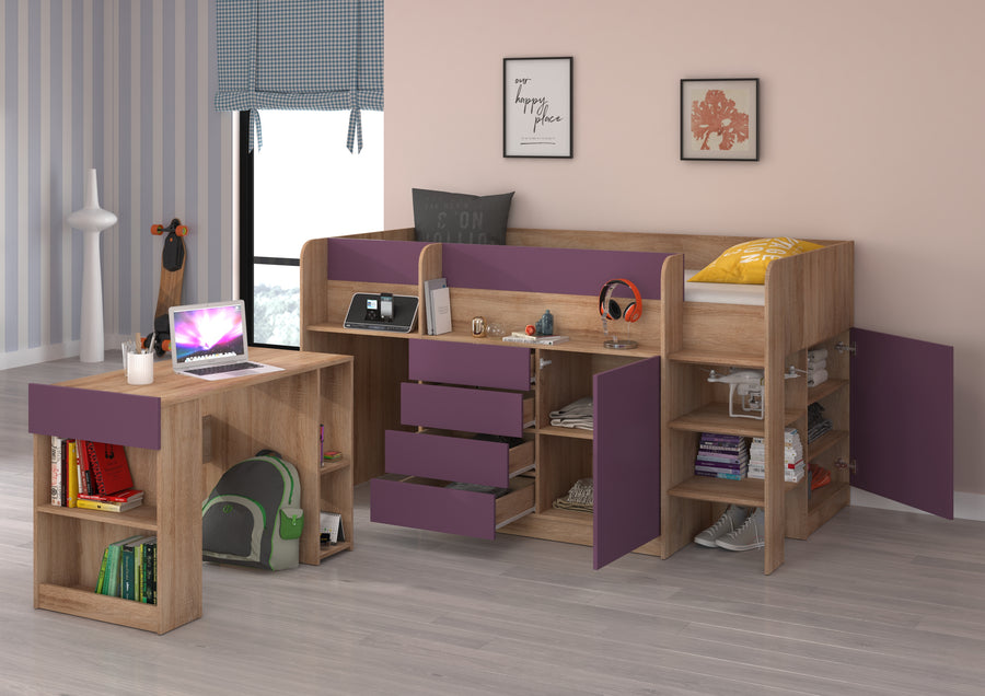Hochbett – SMILE P – Kinderbett 90×200 cm mit Schreibtisch und Stauraum