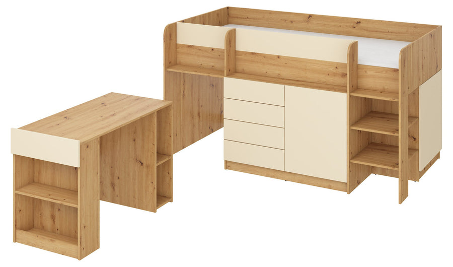 Hochbett – SMILE P – Kinderbett 90×200 cm mit Schreibtisch und Stauraum