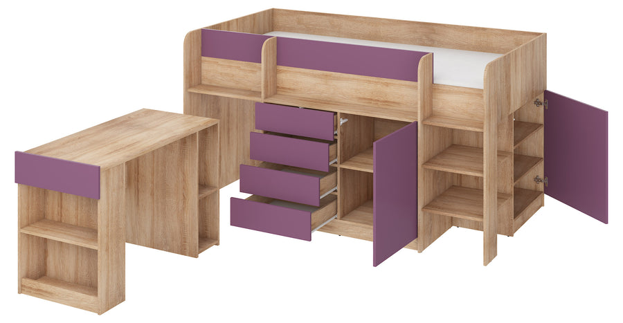 Hochbett – SMILE P – Kinderbett 90×200 cm mit Schreibtisch und Stauraum