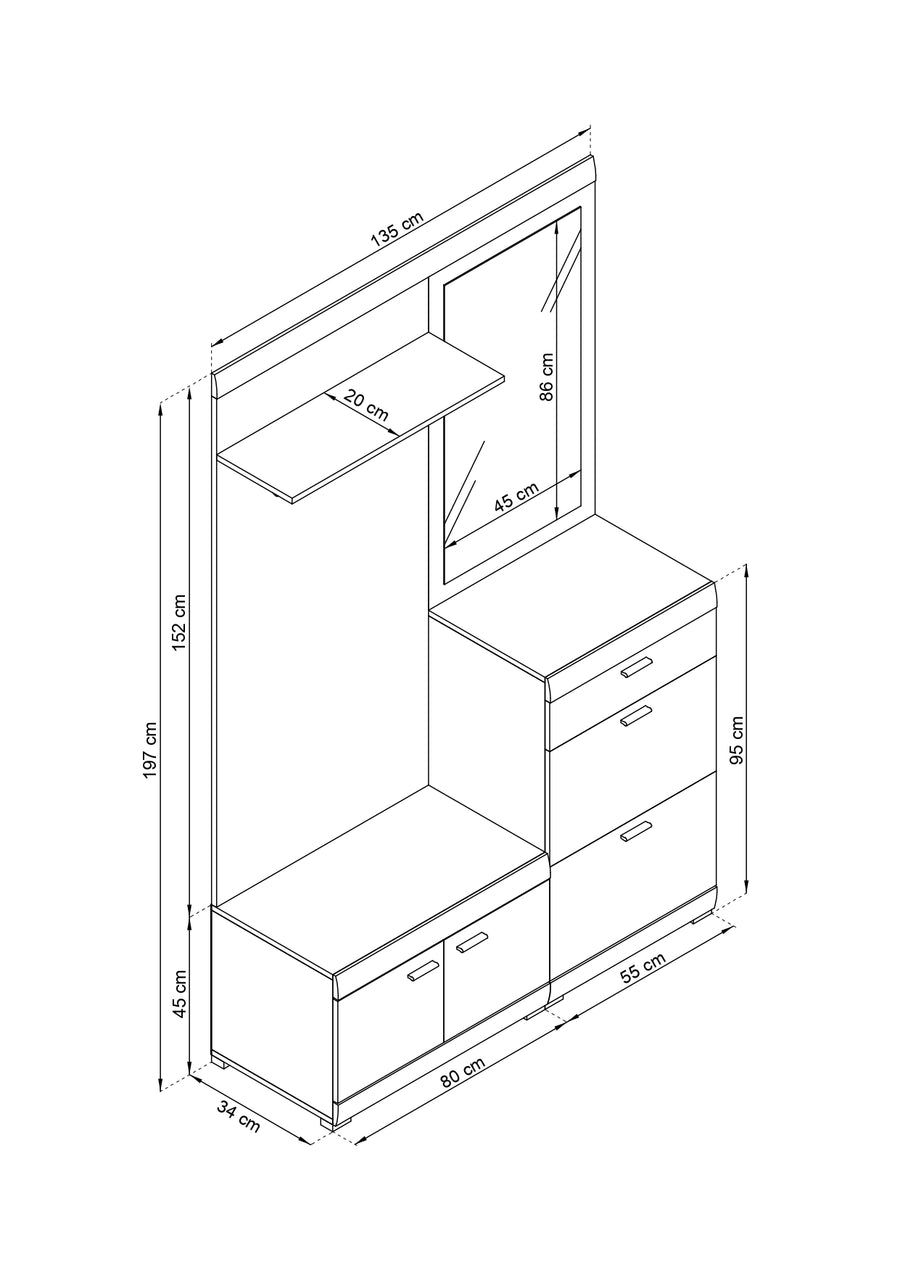 Garderobe mit Spiegel – STELLA – Flurgarderobe mit Drehtüren, Weiß / Sonoma Eiche