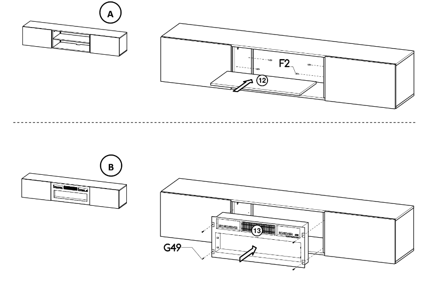 TV-Lowboard – SLIDE K – Hängendes Board mit Kamin und Hochglanzfront 200 cm