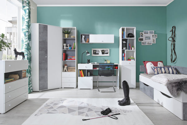 Schlafzimmer Set – 7 Teile – SIGMA System – Weiß / Grau – Praktische Kombination für Kinder- und Jugendzimmer Ohne Matratze