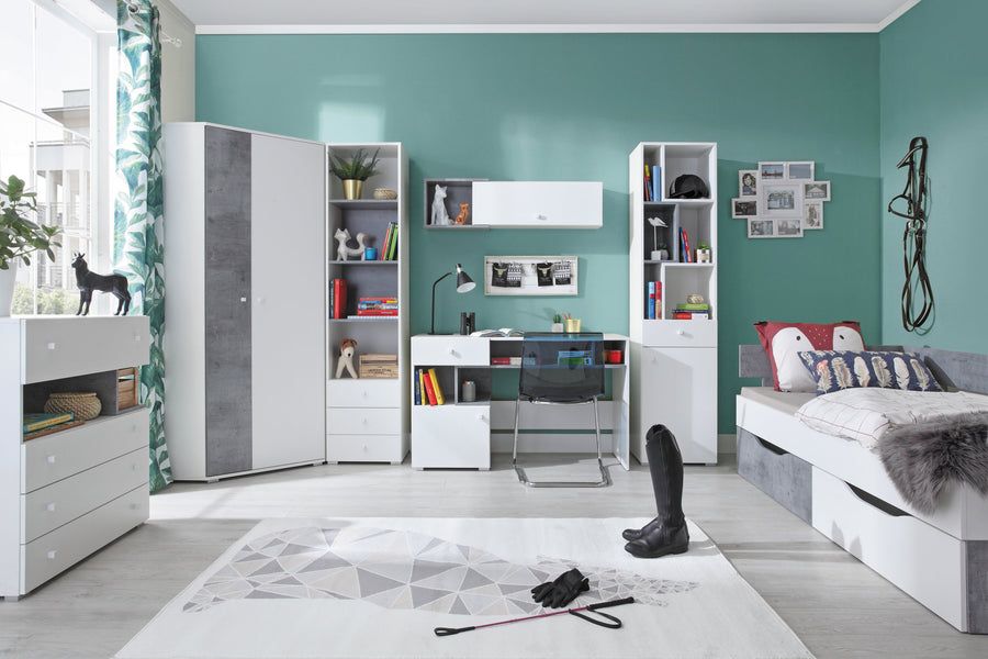 Schlafzimmer Set – 7 Teile – SIGMA System – Weiß / Grau – Praktische Kombination für Kinder- und Jugendzimmer Ohne Matratze