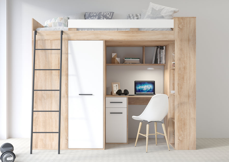 Hochbett – VERANA P – Multifunktionales Jugendbett mit Schreibtisch und Schrank